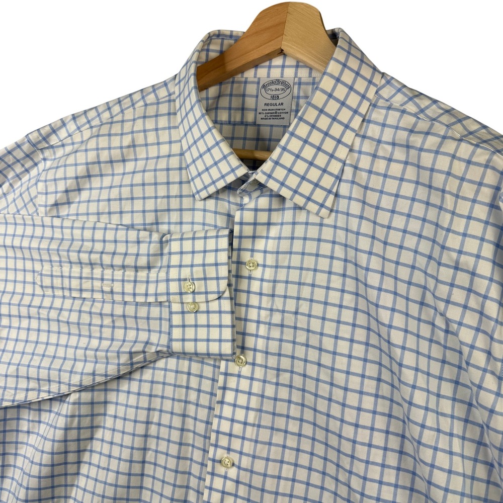 Brooks Brothers 1818 Mens 17.5 34/35 Regular Non-Iron Stretch Check Shirt Blue